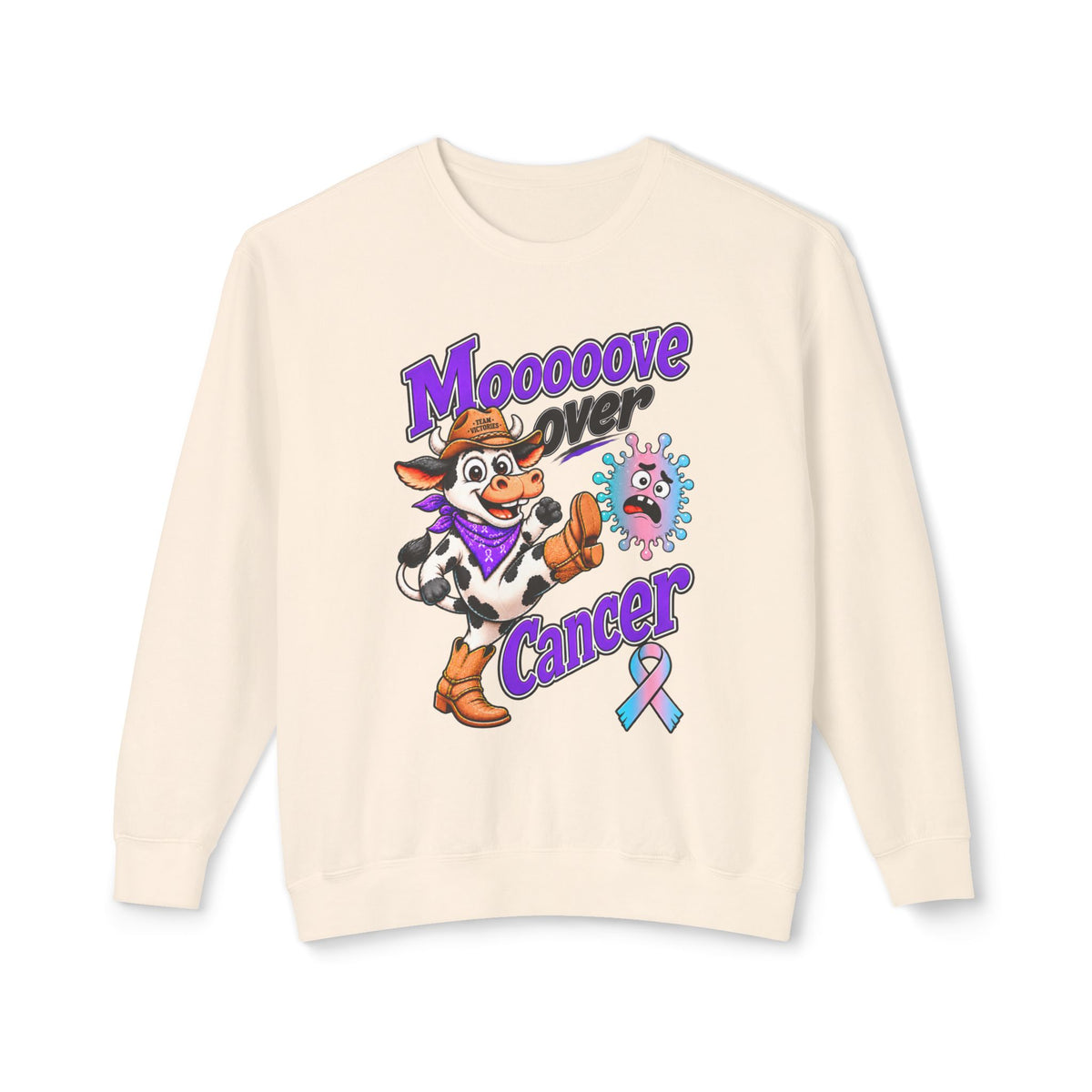 Moooove Over Cancer cream sweatshirt with cow artwork and Thyroid Cancer awareness ribbon