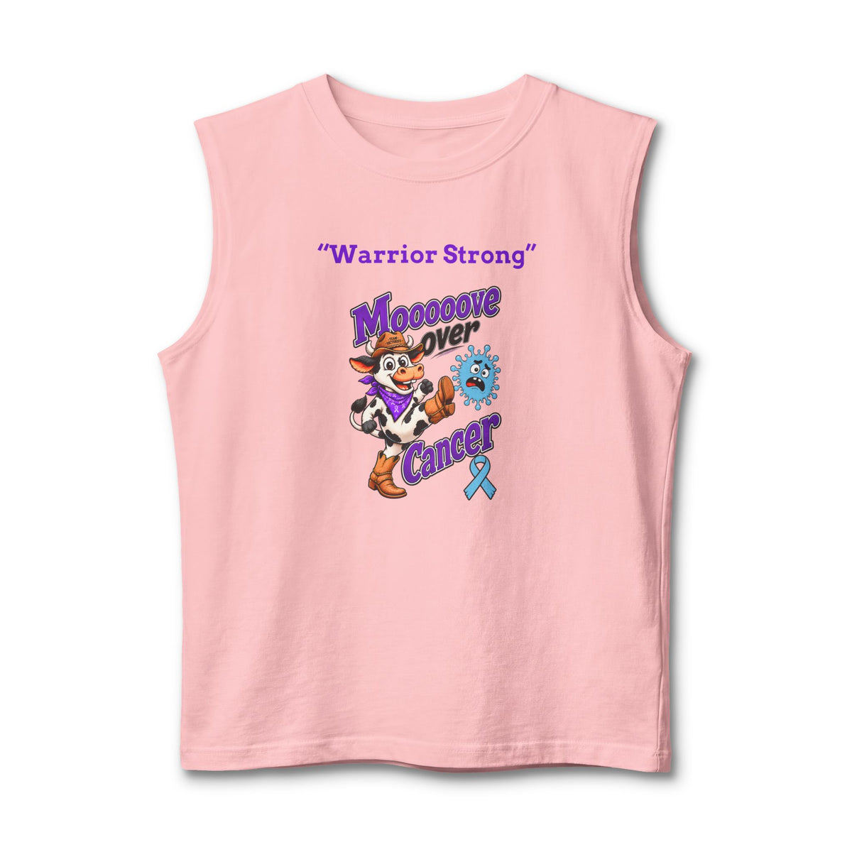 Pink Moooove Over Cancer tank top with Warrior Strong artwork and blue Prostate Cancer awareness ribbon