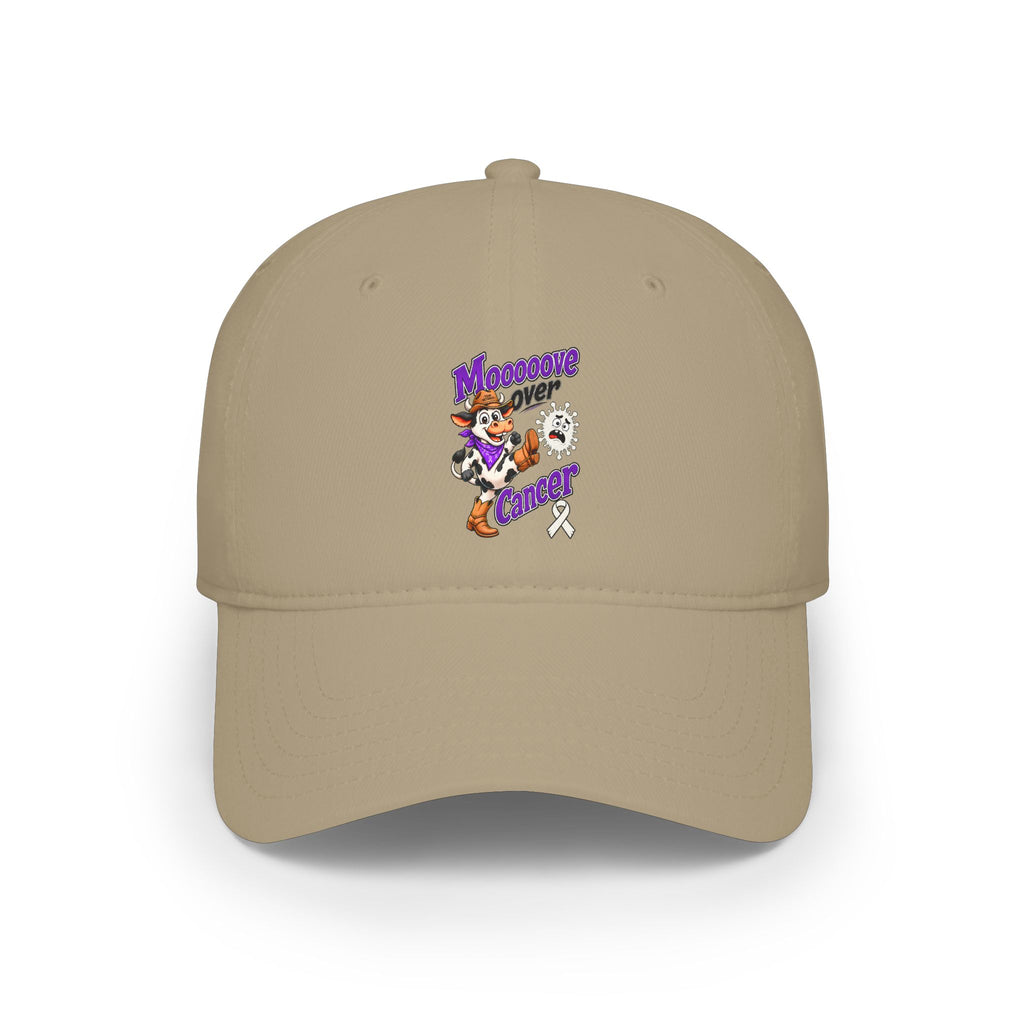 Tan Moooove Over Cancer low-profile baseball hat with colorful character artwork