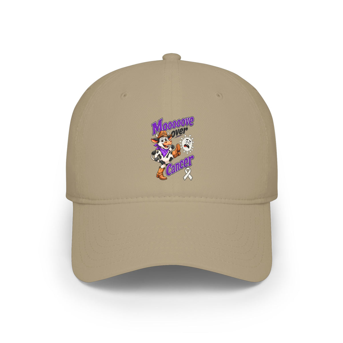 Tan Moooove Over Cancer low-profile baseball hat with colorful character artwork