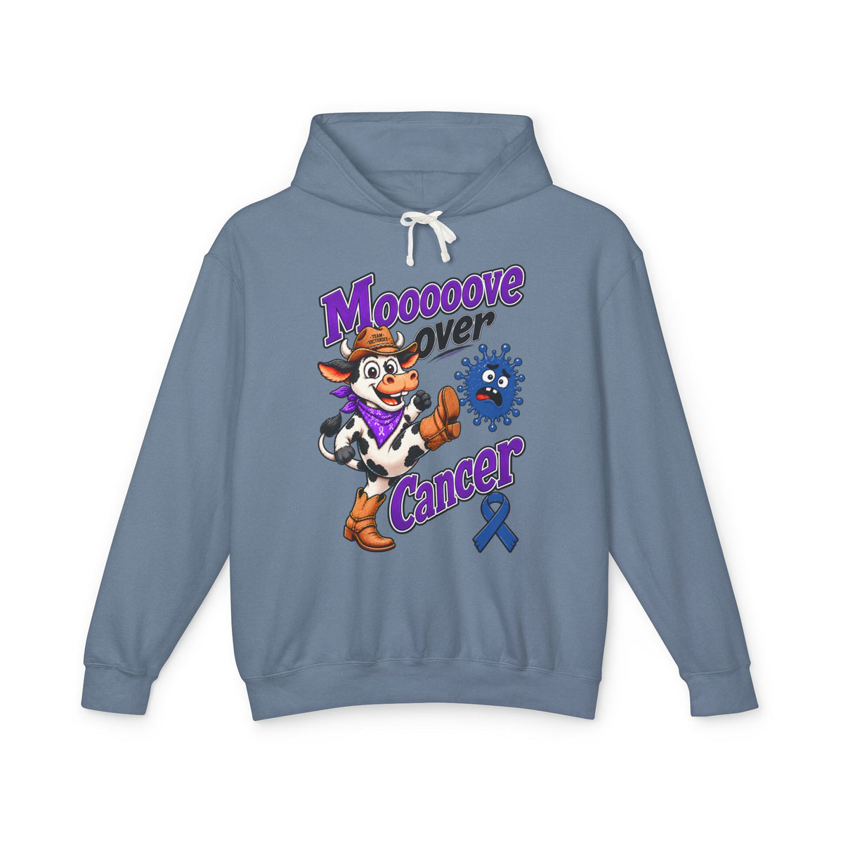 Blue-gray Moooove Over Cancer hoodie displaying a Colon Cancer awareness ribbon