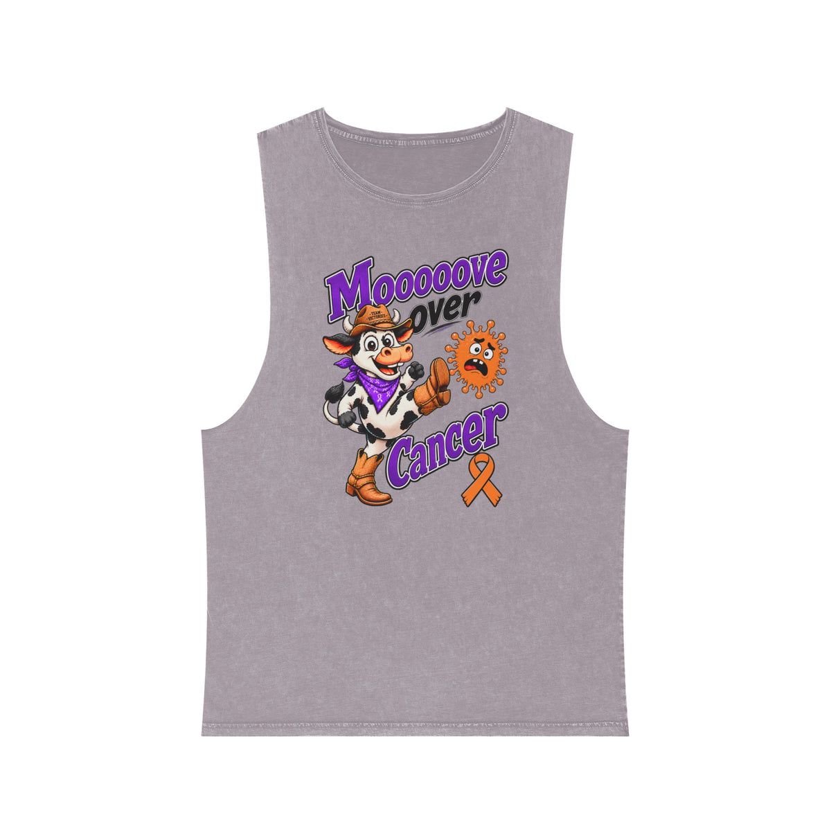 Moooove Over Cancer tank top with cow graphic and Leukemia/Kidney Cancer awareness ribbon, lavender front