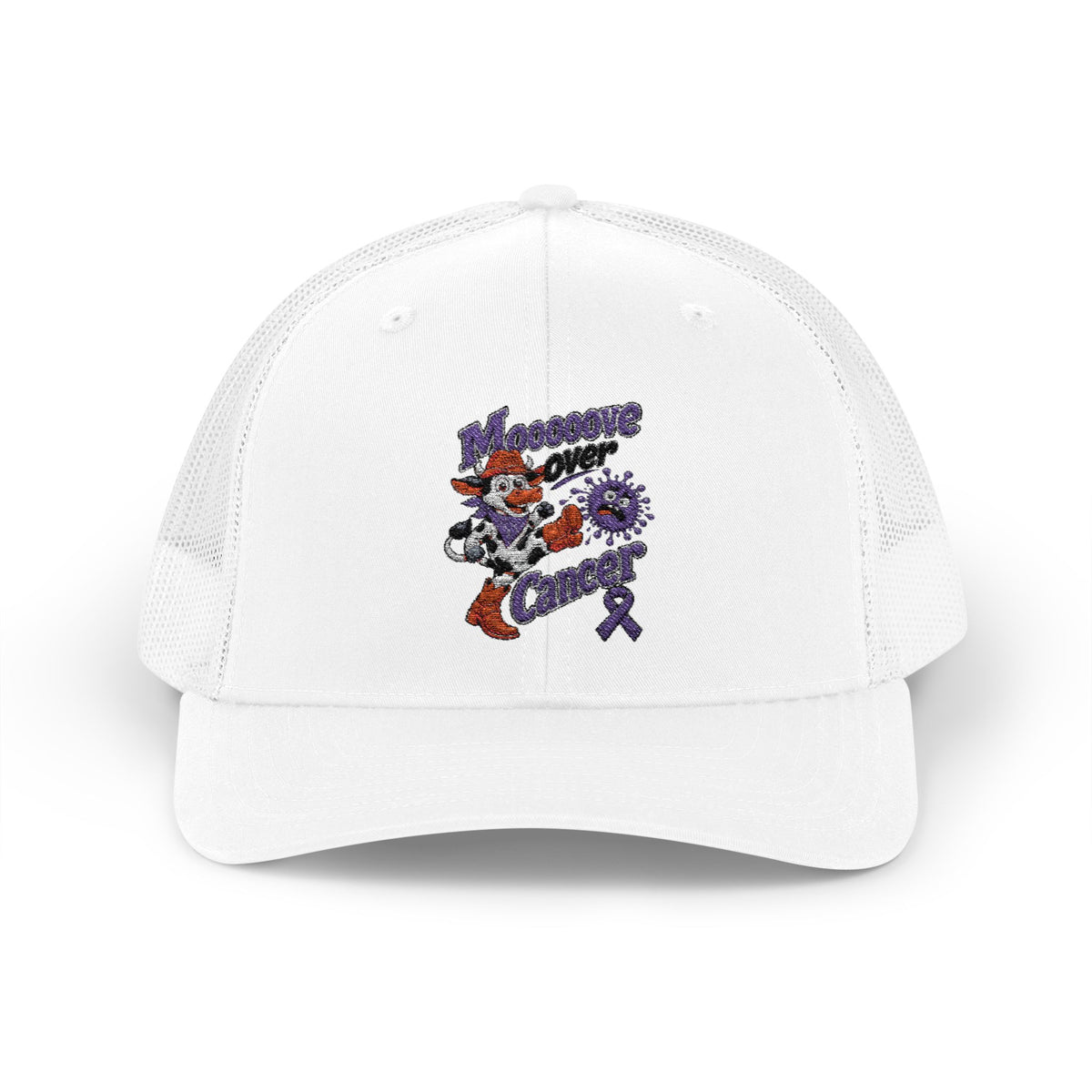 Moooove Over Cancer trucker hat modeled with purple Pancreatic Cancer awareness ribbon