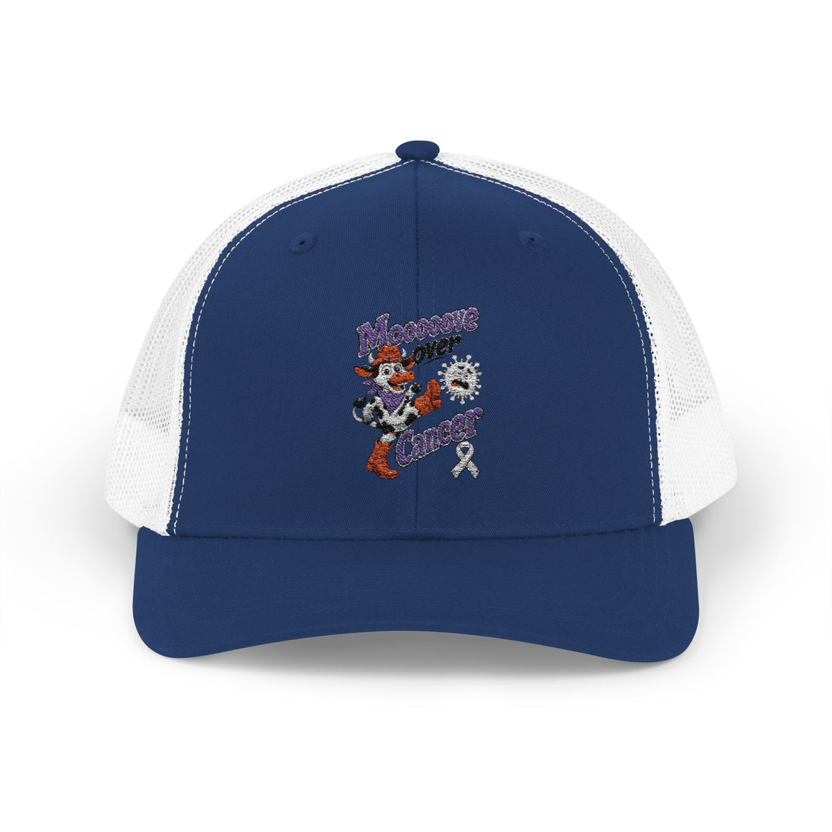 Moooove Over Cancer trucker hat with Lung Cancer awareness ribbon, angled front view