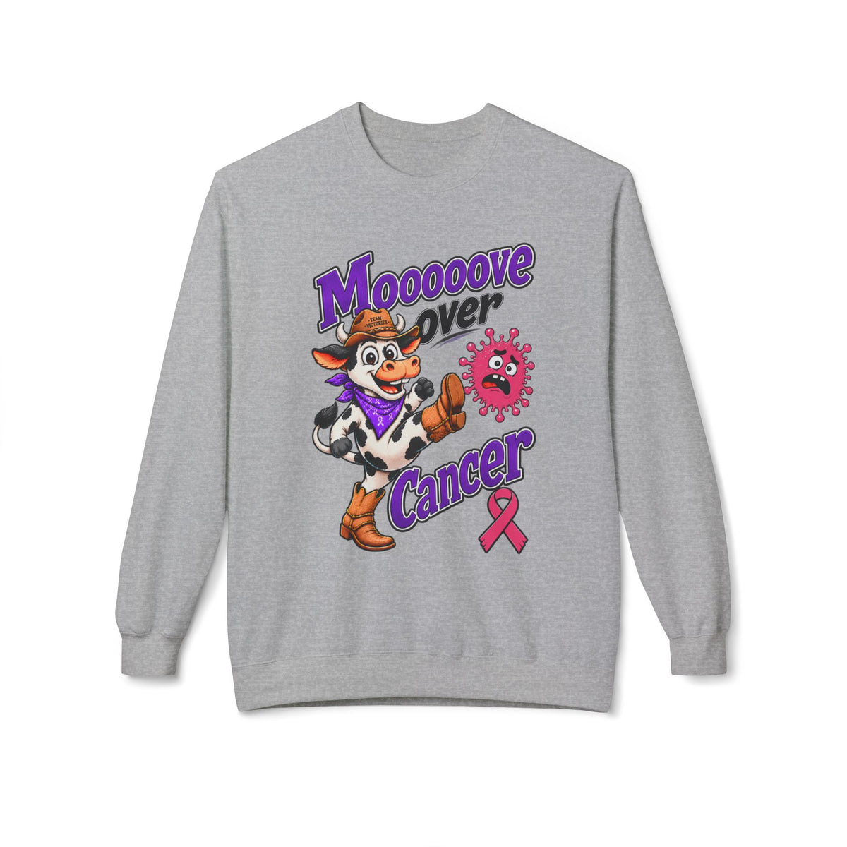 Back view of the Moooove Over Cancer crewneck sweatshirt