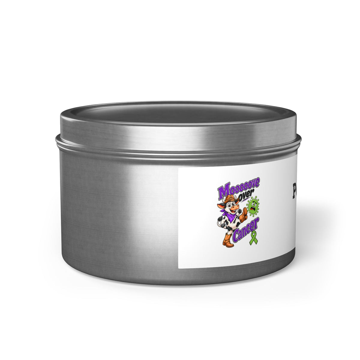 Gold Moooove Over Cancer scented tin candle featuring a Non-Hodgkin/Lymphoma Cancer awareness ribbon