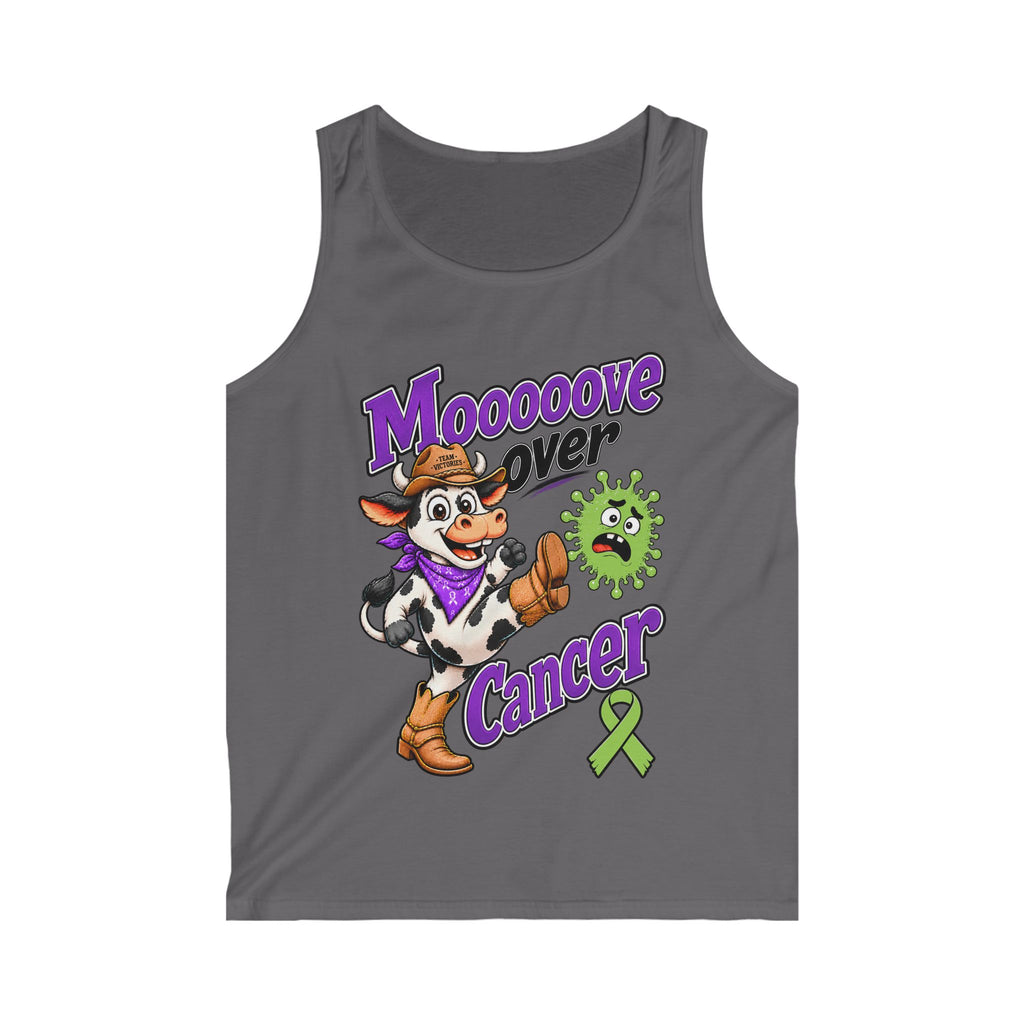 Charcoal Moooove Over Cancer tank top with Western cow cancer-awareness design