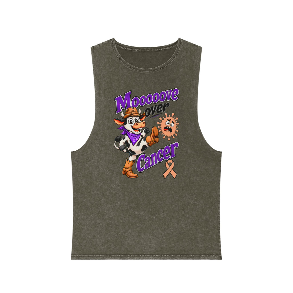 Moooove Over Cancer tank top in olive stonewash with Uterine Cancer awareness ribbon design