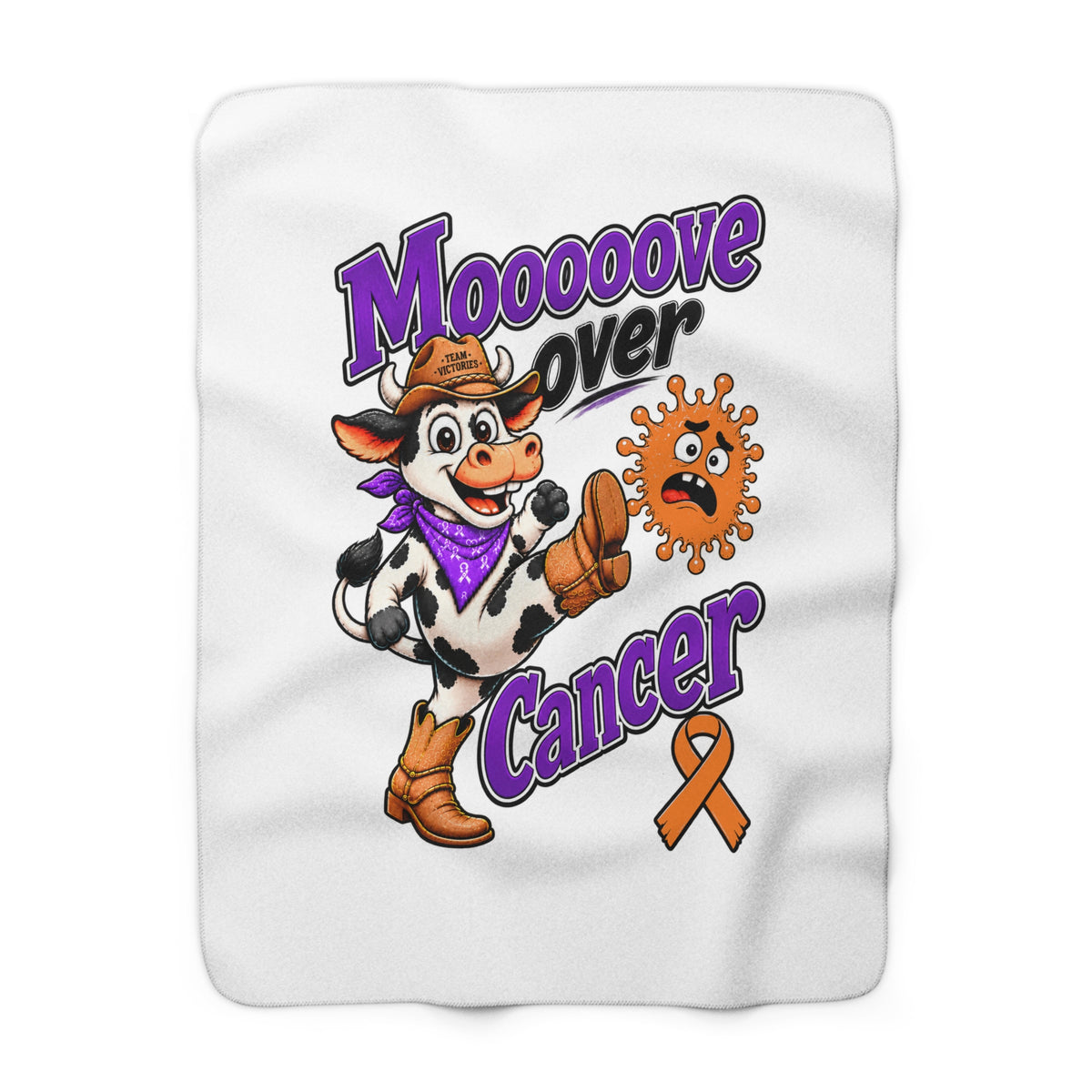Moooove Over Cancer sherpa blanket with cow design and orange Leukemia/Kidney Cancer awareness ribbon