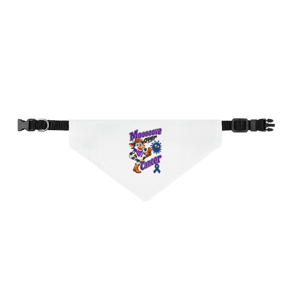 Moooove Over Cancer white clip-on pet bandana with colorful awareness design