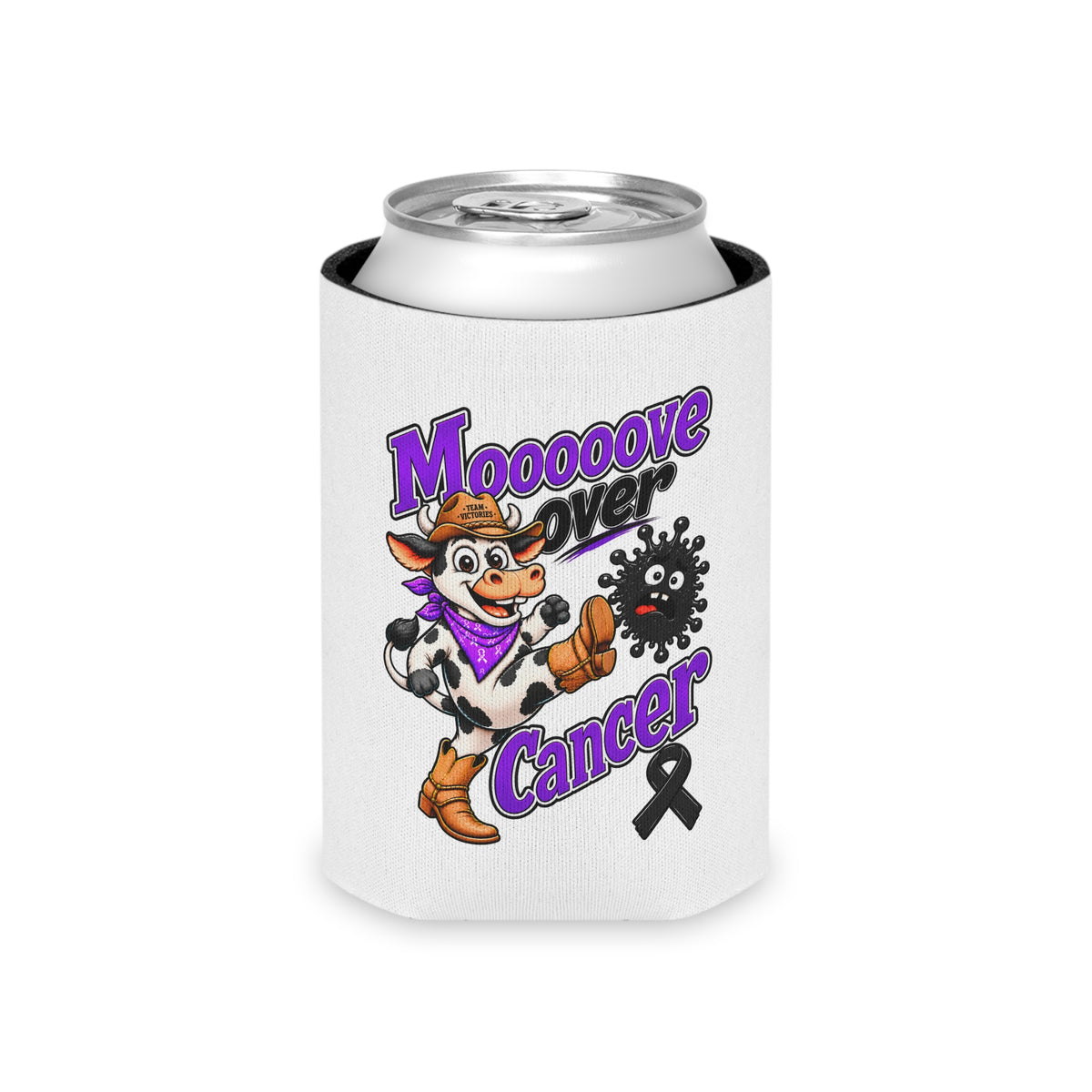 Moooove Over Cancer can cooler holding a regular beverage can