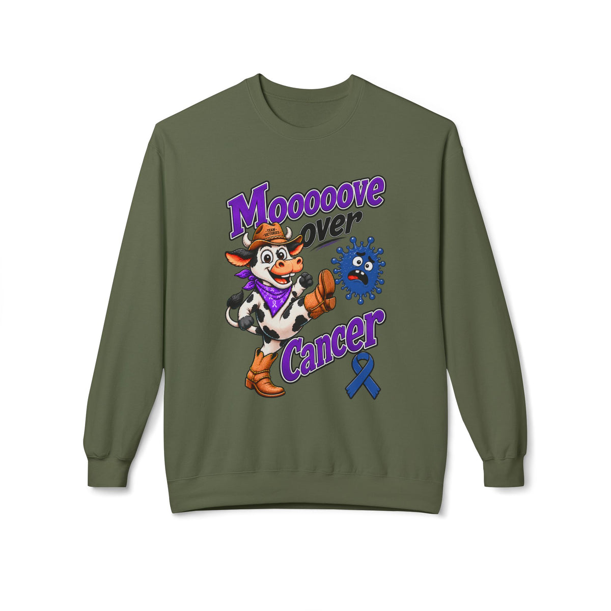 Brown Moooove Over Cancer sweatshirt with cow graphic and Colon Cancer awareness ribbon
