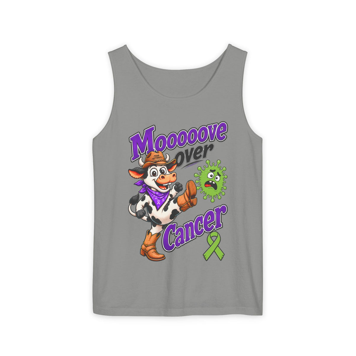 Moooove Over Cancer tank top with cow artwork on light gray fabric