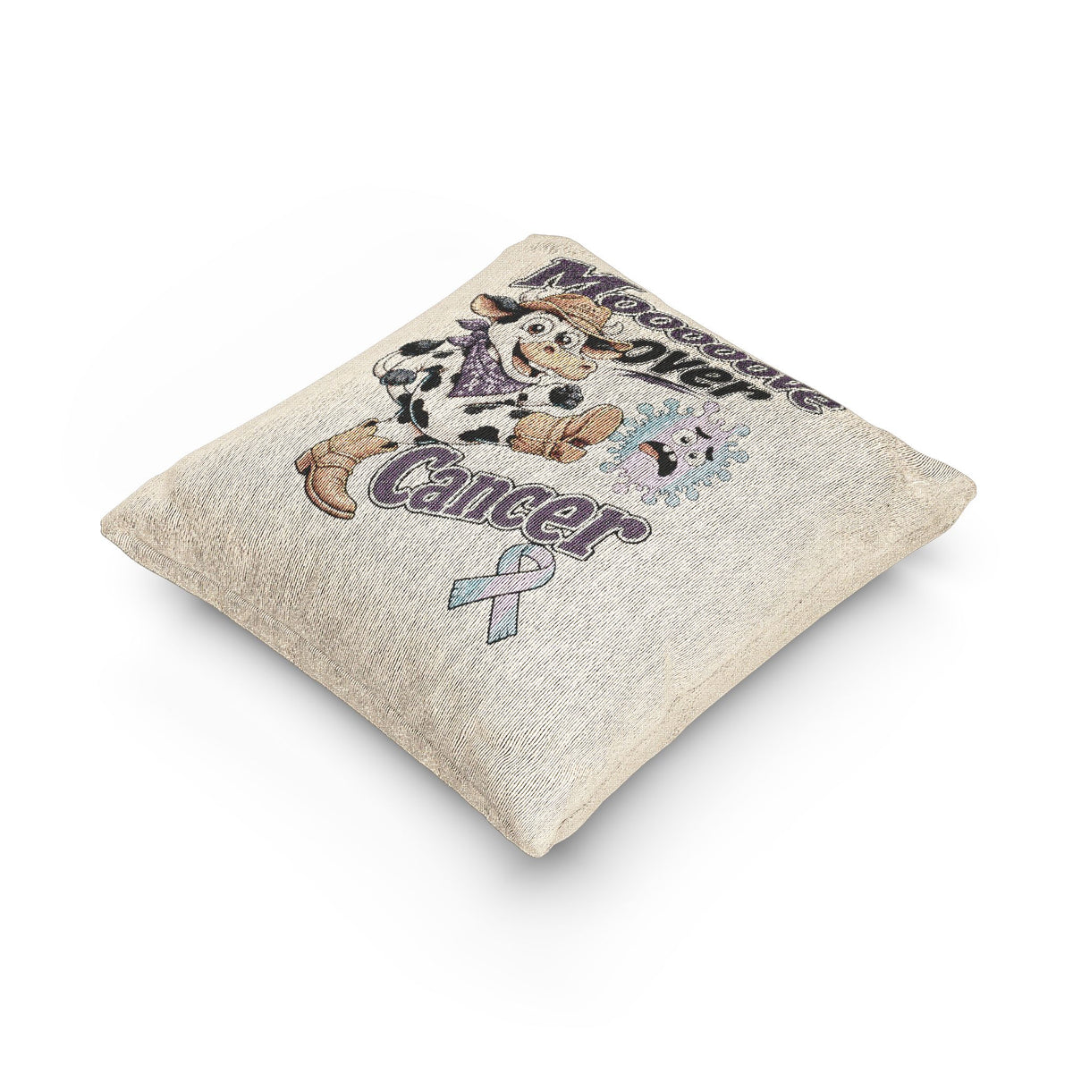 Moooove Over Cancer woven accent cushion with cowgirl cow artwork, angled view
