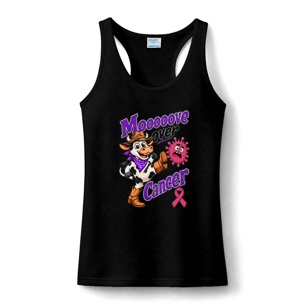 Moooove Over Cancer women's performance tank with Breast Cancer awareness ribbon, black front view