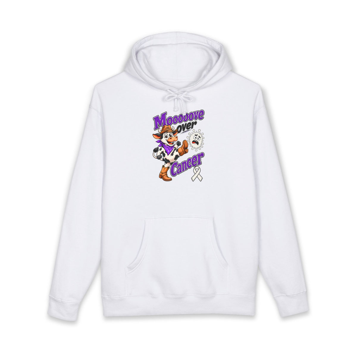 Moooove Over Cancer hoodie with Lung Cancer awareness ribbon, front view in white