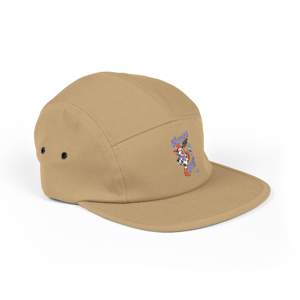Side view of tan Moooove Over Cancer embroidered five-panel cap
