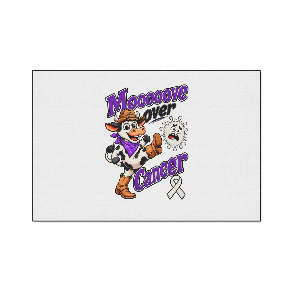 Moooove Over Cancer floor mat with cowgirl artwork and white Lung Cancer awareness ribbon