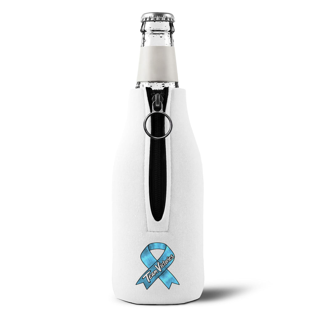 Back view of Moooove Over Cancer bottle cooler sleeve with zipper and Prostate Cancer awareness ribbon