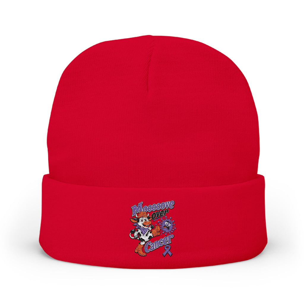 Red Moooove Over Cancer embroidered beanie with colorful awareness ribbon artwork