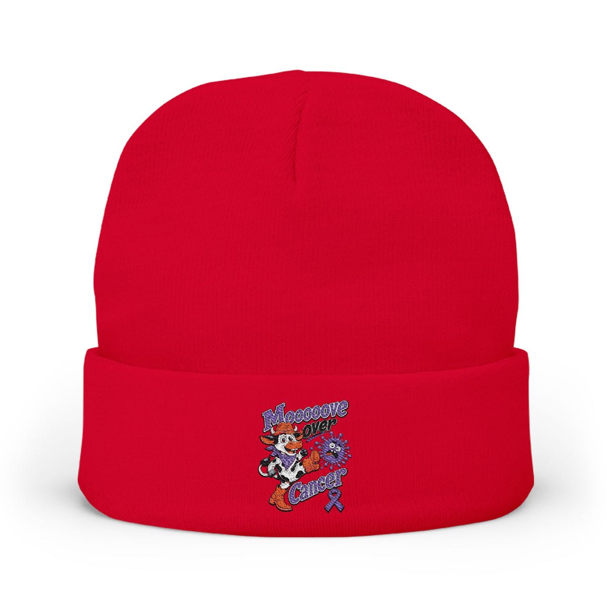 Red Moooove Over Cancer embroidered beanie with colorful awareness ribbon artwork