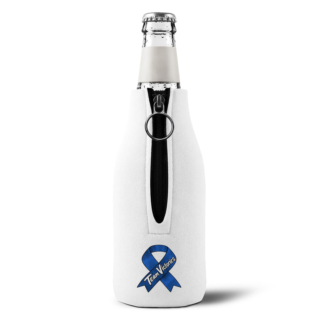 Moooove Over Cancer bottle sleeve showing zipper, ring pull, and Colon Cancer awareness ribbon