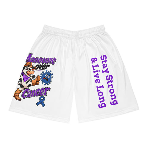 Front of Moooove Over Cancer basketball shorts with cow artwork, blue ribbon, and Stay Strong & Live Long
