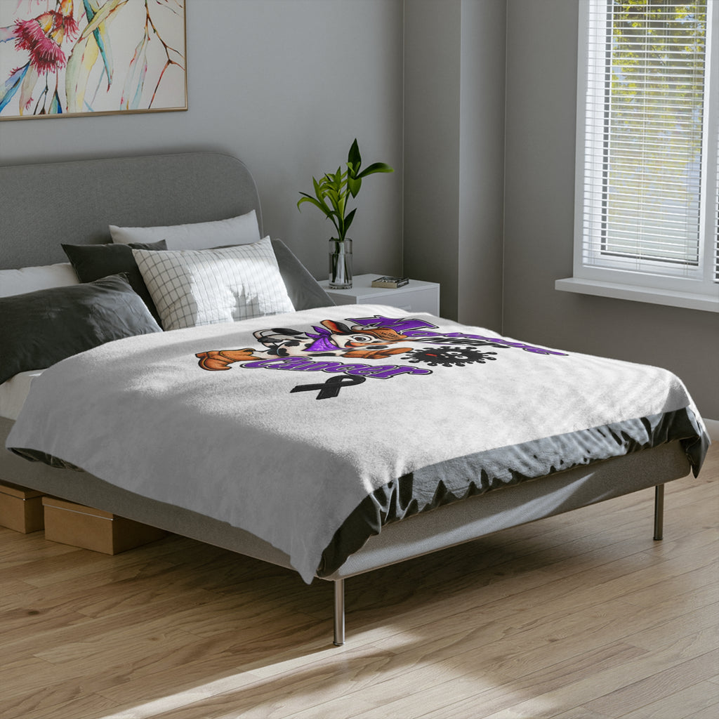 Moooove Over Cancer velveteen blanket styled across a bed