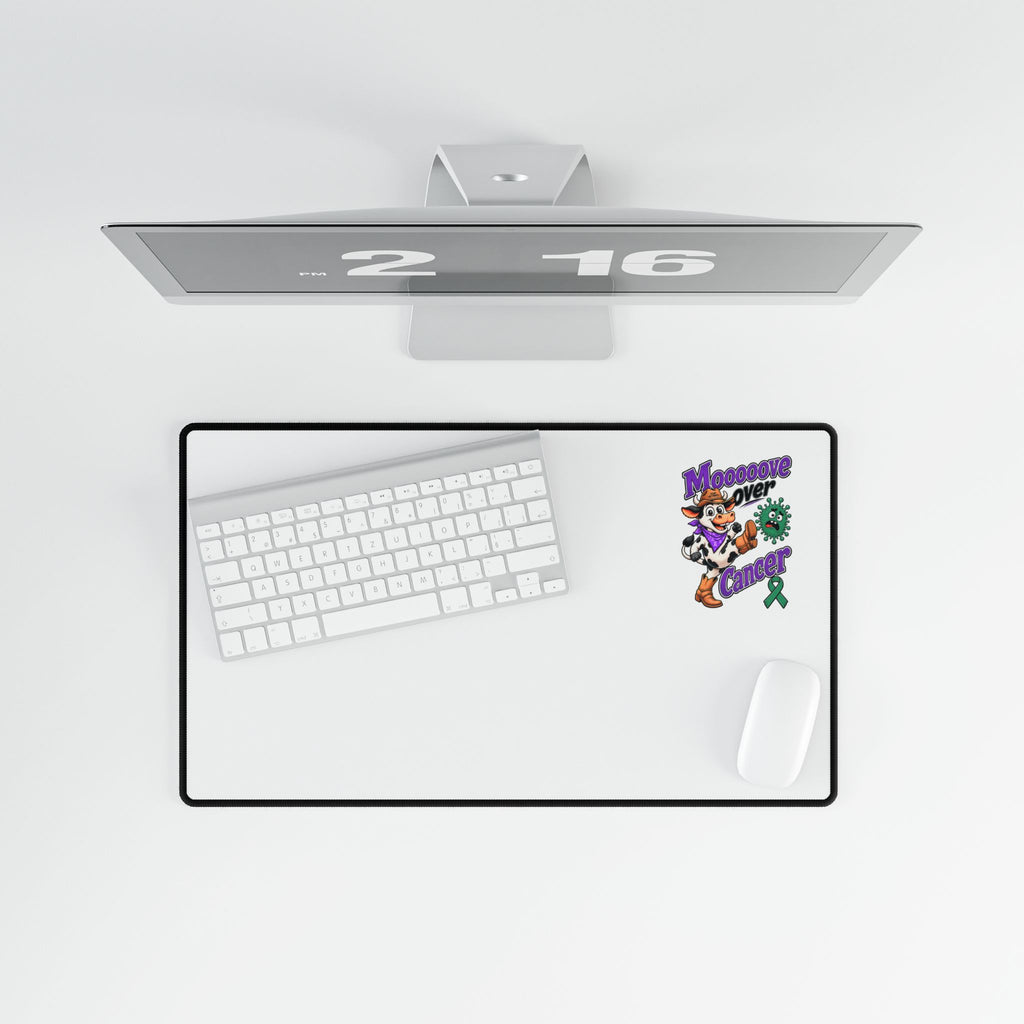 Moooove Over Cancer Liver Cancer awareness ribbon desk mat viewed from above