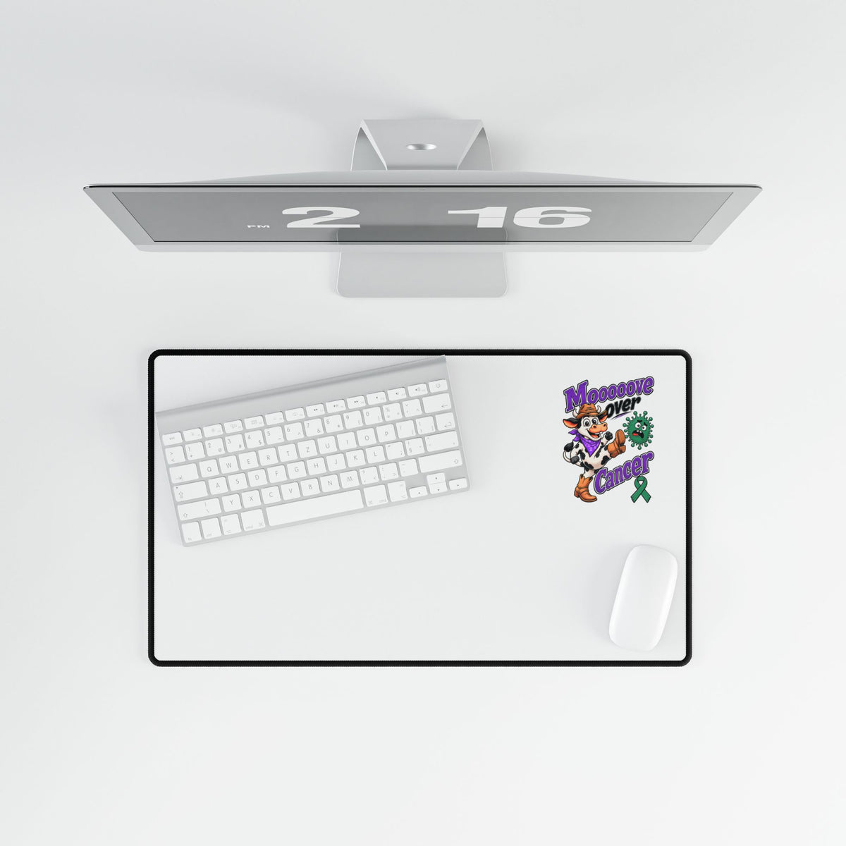 Moooove Over Cancer Liver Cancer awareness ribbon desk mat viewed from above