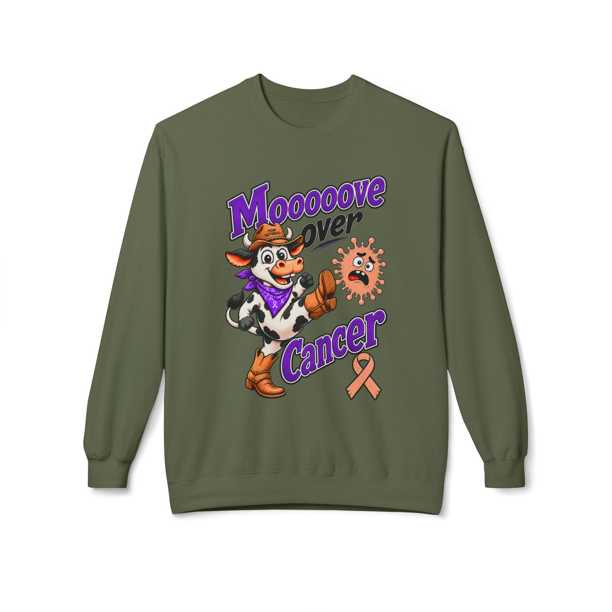 Brown Moooove Over Cancer sweatshirt with Uterine Cancer awareness ribbon artwork
