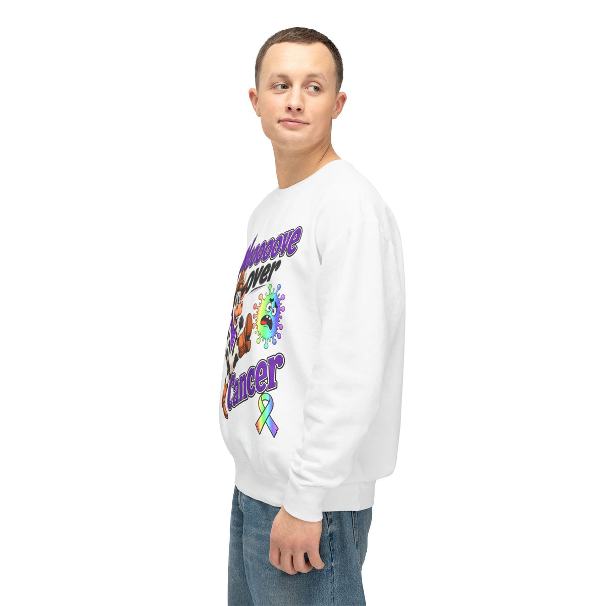Side profile of Moooove Over Cancer sweatshirt featuring cow artwork and all-cancer awareness ribbon