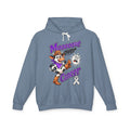 Blue-gray Moooove Over Cancer hoodie with cow artwork and Lung Cancer awareness ribbon
