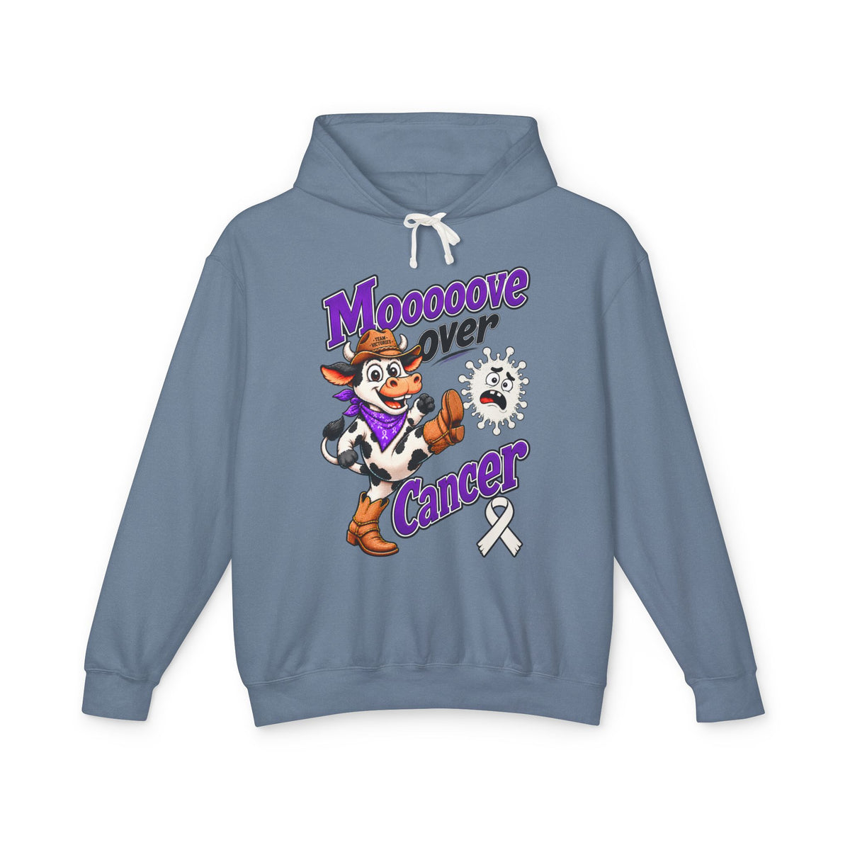 Blue-gray Moooove Over Cancer hoodie with cow artwork and Lung Cancer awareness ribbon