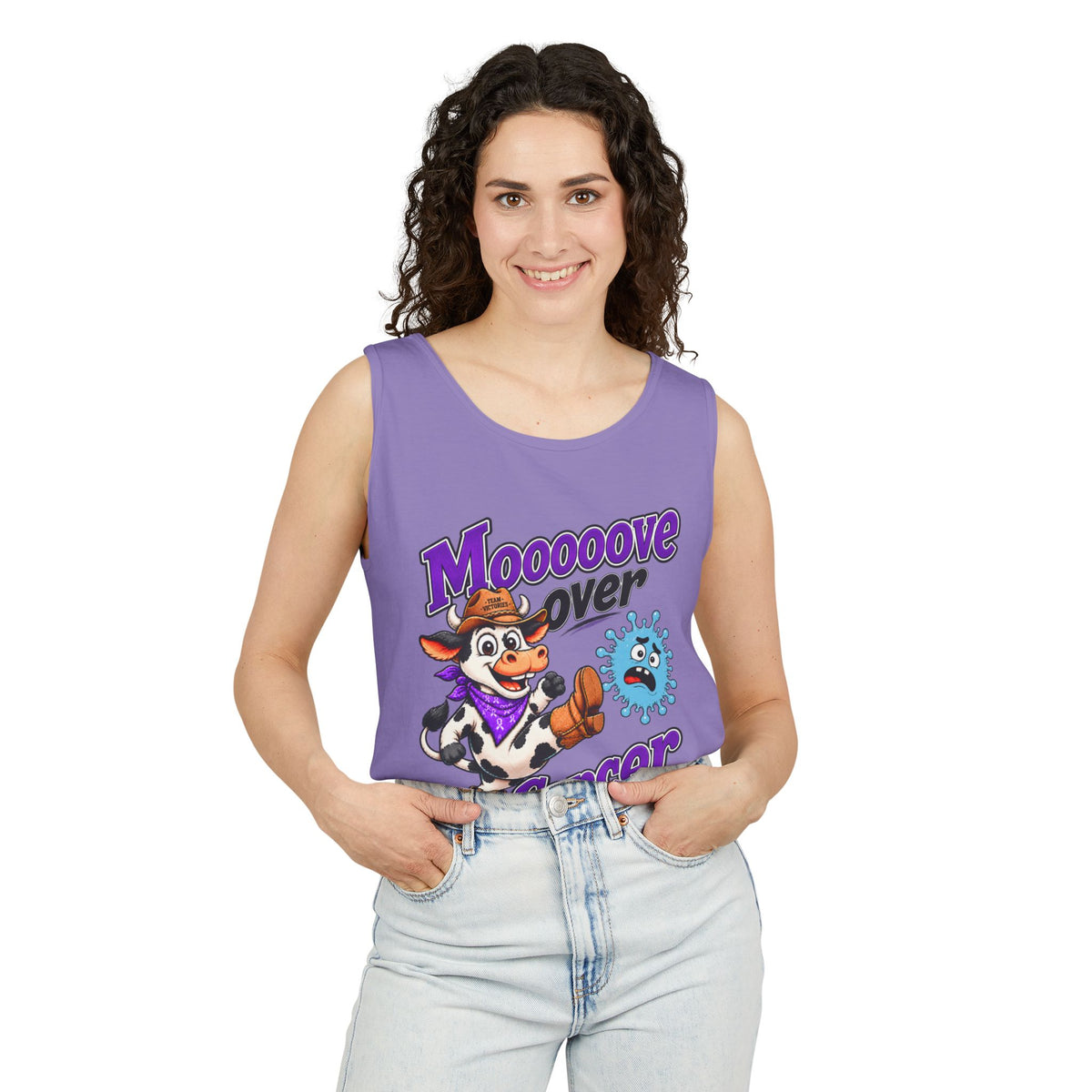 Man wearing a pink Moooove Over Cancer tank top with cow cancer support artwork