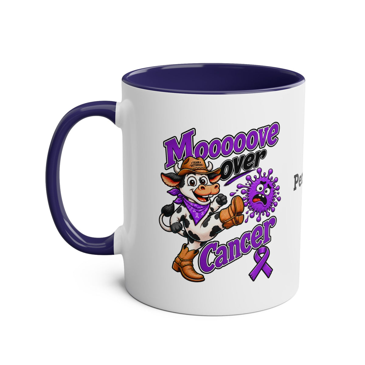 Moooove Over Cancer Team Victories mug with purple interior and handle