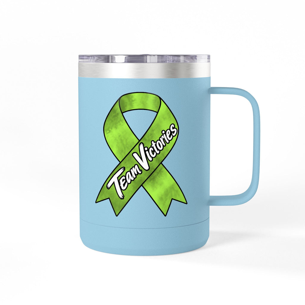 Blue Team Victories insulated mug with Non-Hodgkin/Lymphoma Cancer awareness ribbon