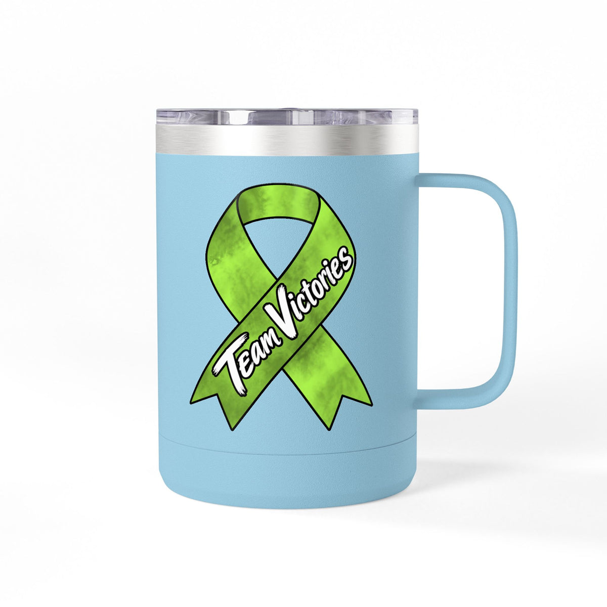 Blue Team Victories insulated mug with Non-Hodgkin/Lymphoma Cancer awareness ribbon