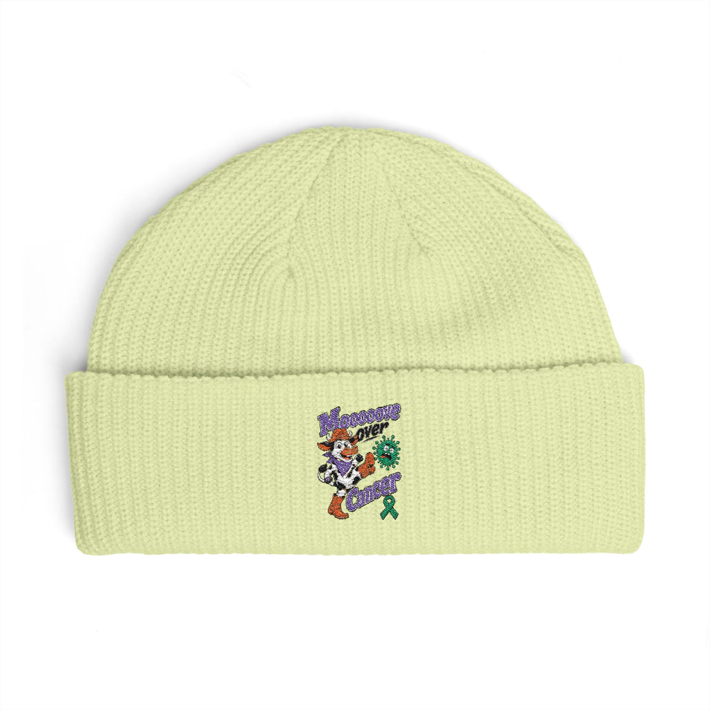 Light yellow Moooove Over Cancer embroidered beanie with front awareness artwork