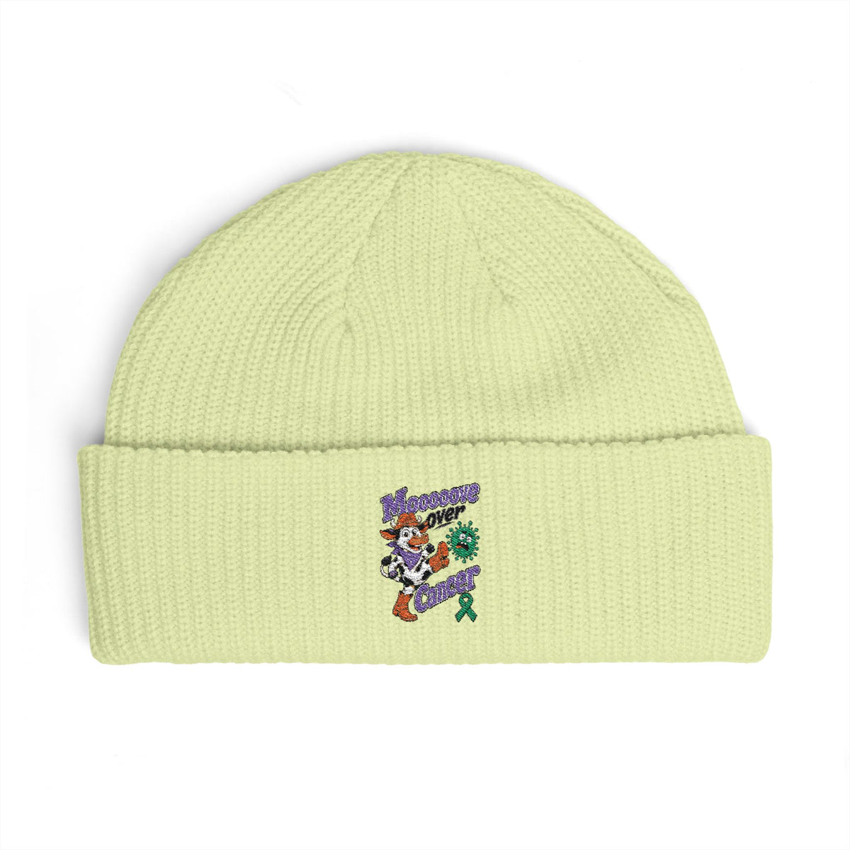 Light yellow Moooove Over Cancer embroidered beanie with front awareness artwork