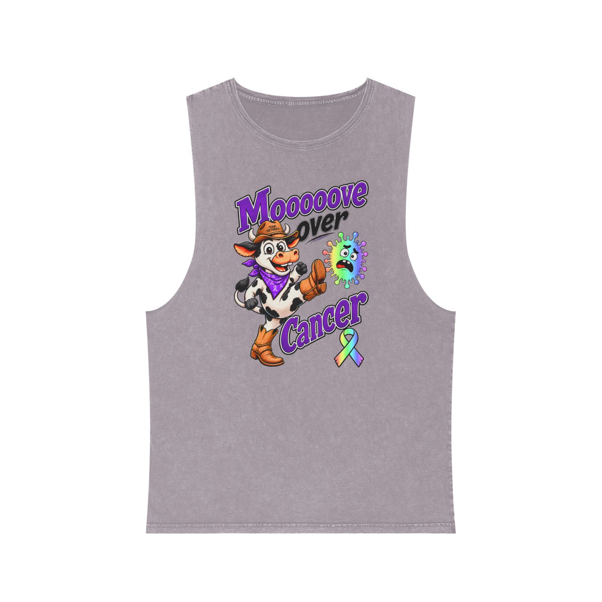 Lavender stonewashed Moooove Over Cancer tank top with all-cancer awareness ribbon artwork