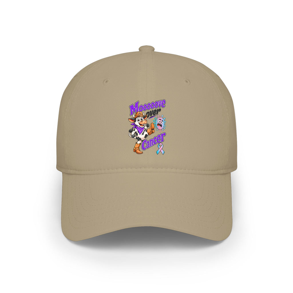 Khaki Moooove Over Cancer low-profile baseball hat with colorful front artwork