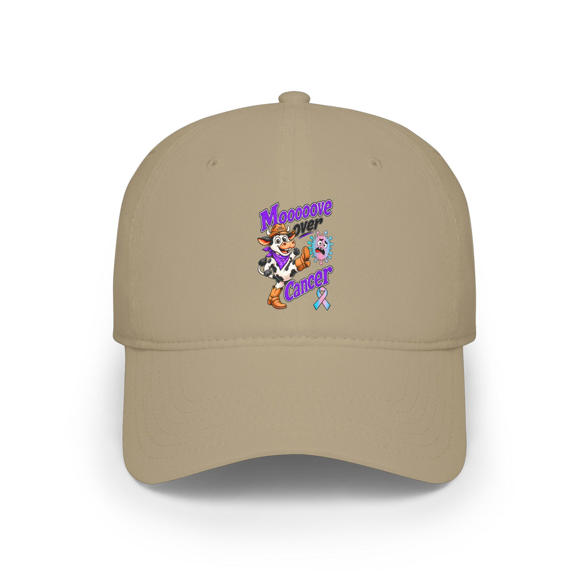 Khaki Moooove Over Cancer low-profile baseball hat with colorful front artwork