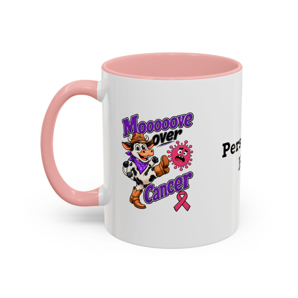 Moooove Over Cancer mug with cow artwork and pink Breast Cancer awareness ribbon