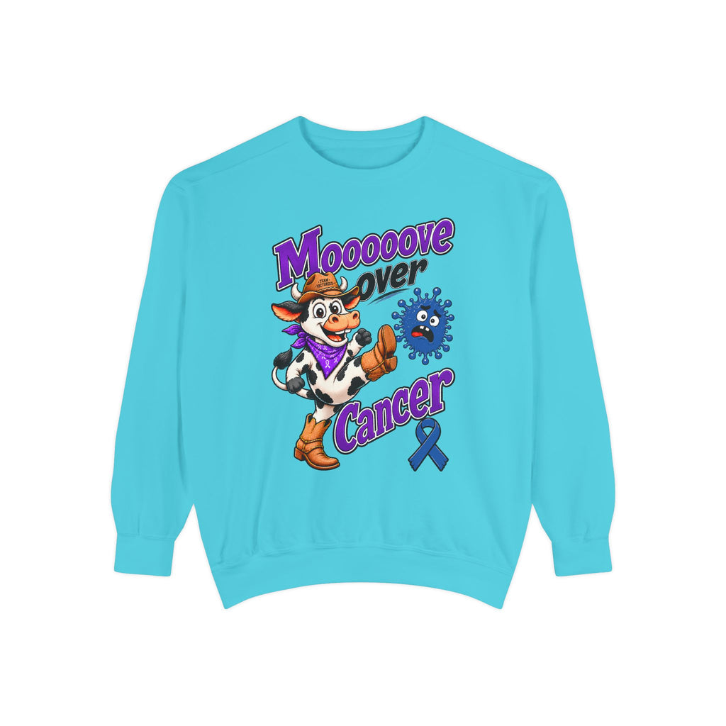 Moooove Over Cancer crewneck sweatshirt in bright turquoise with colorful Western artwork and blue ribbon