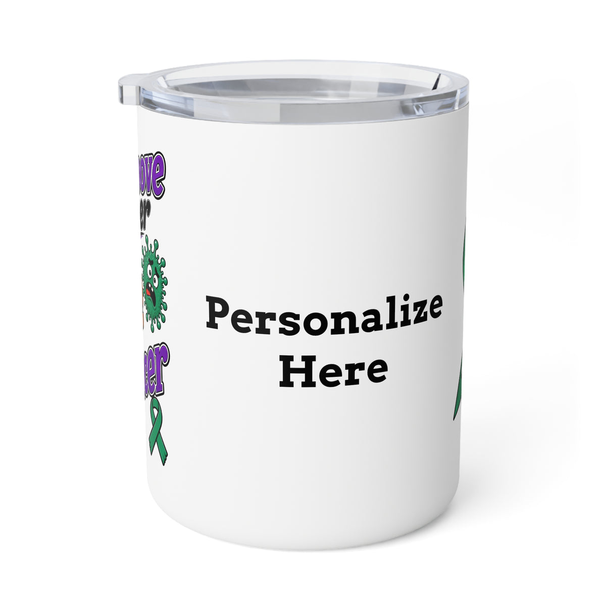 Moooove Over Cancer mug showing the personalized name area and clear push-on lid