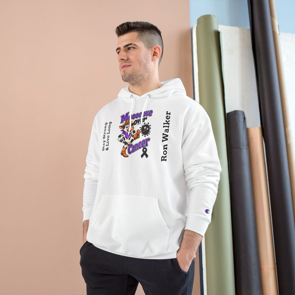 Model wearing white Moooove Over Cancer personalized black ribbon hoodie