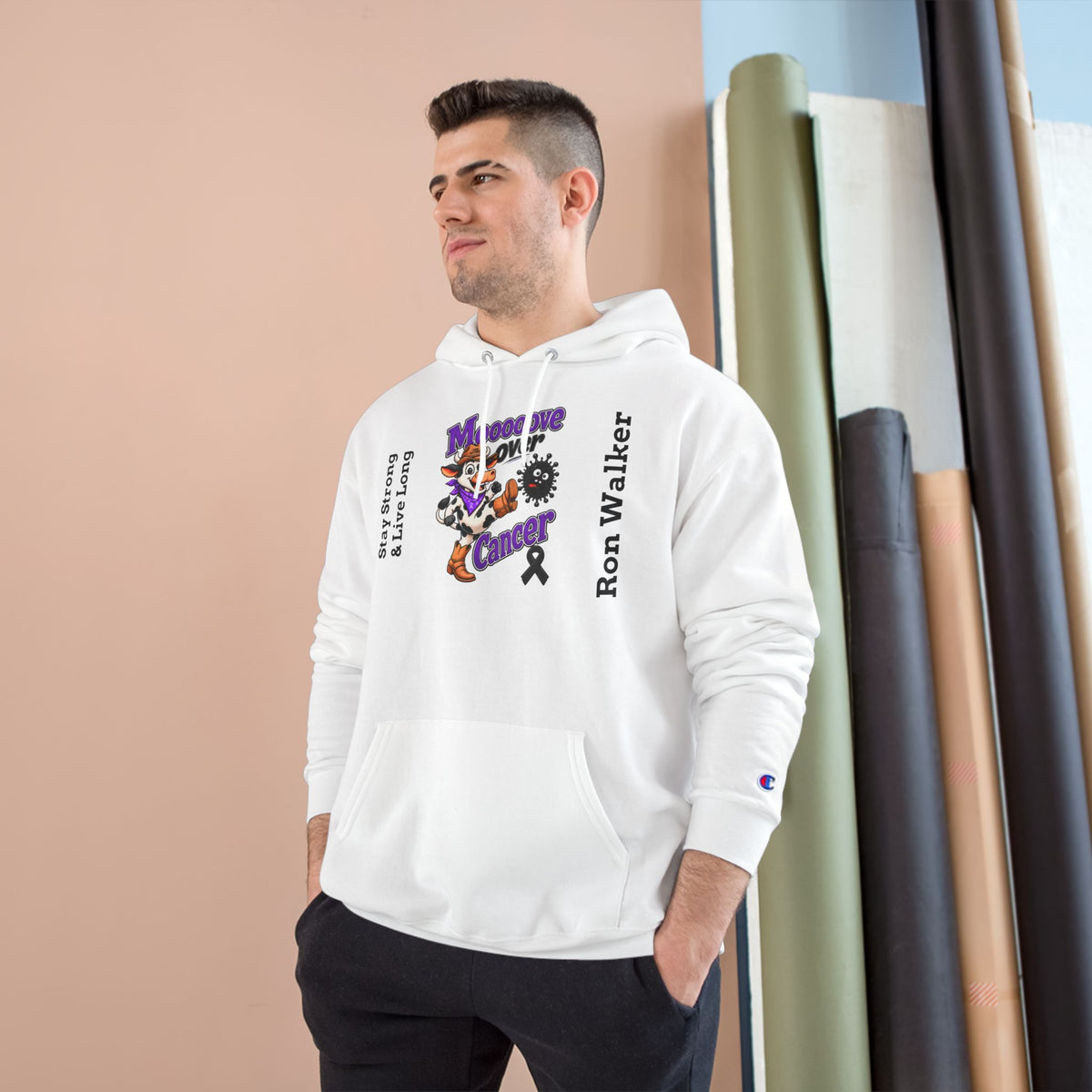 Model wearing white Moooove Over Cancer personalized black ribbon hoodie
