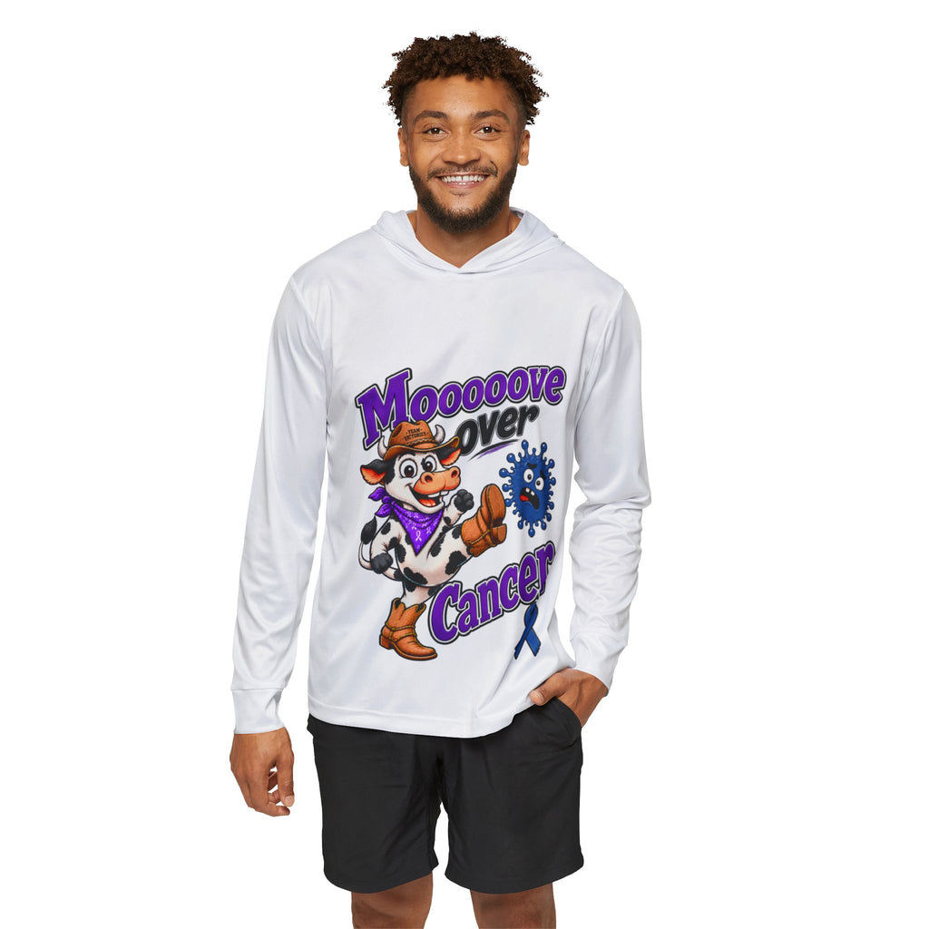 Model wearing the Moooove Over Cancer white hoodie with blue ribbon design