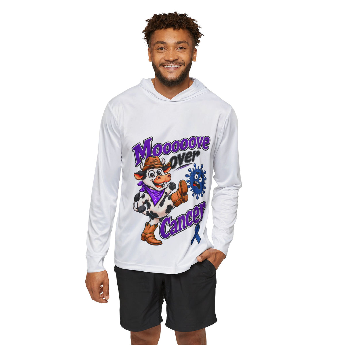 Model wearing the Moooove Over Cancer white hoodie with blue ribbon design